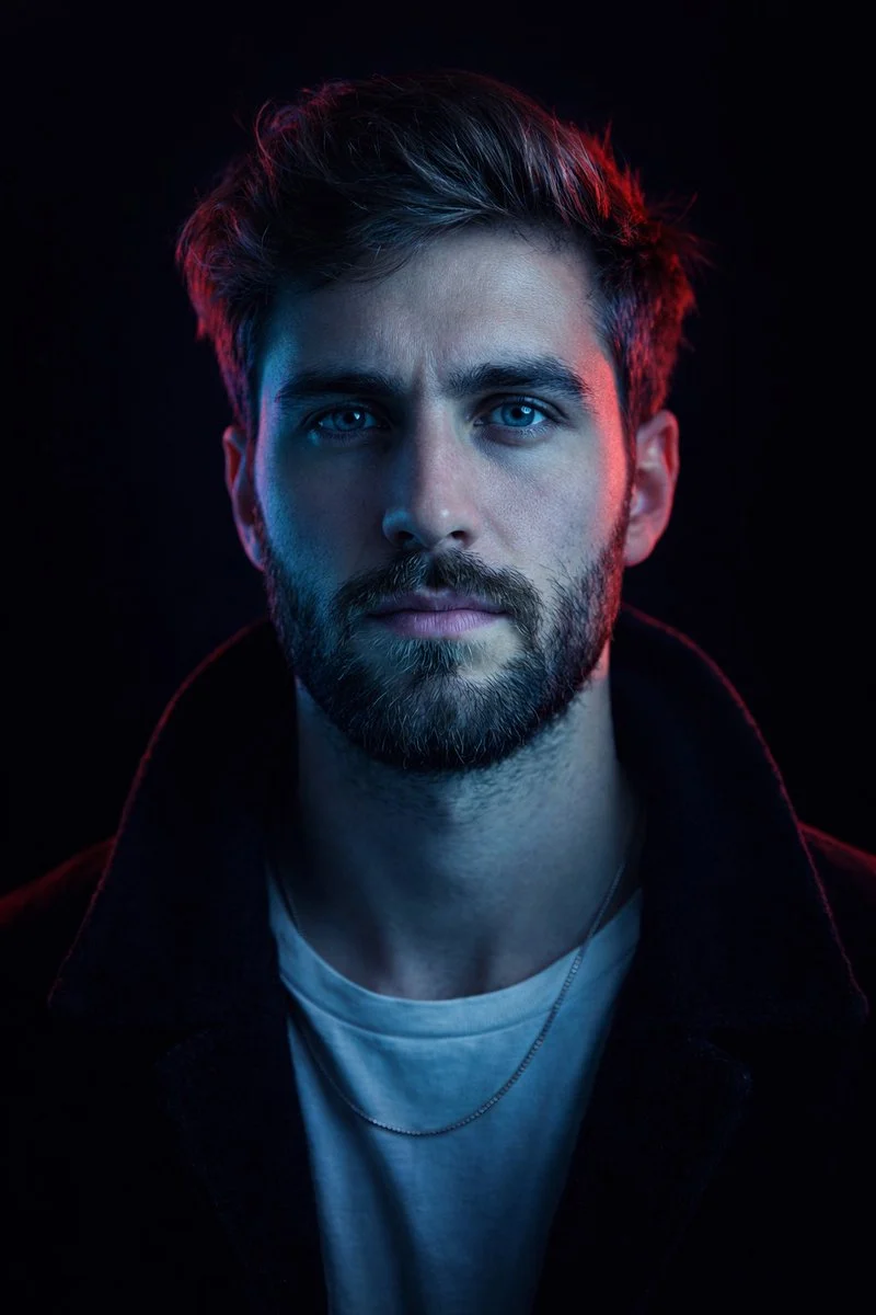 A striking symmetric studio closeup portrait of a middle-aged man with salt-and-pepper stubble, intense gaze, and dramatic blue and red neon lighting against a black background.