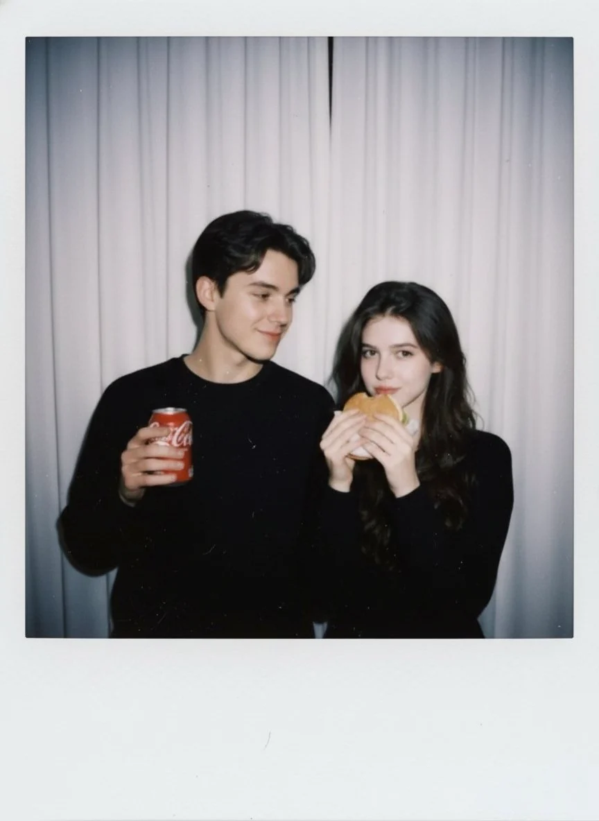 AI-generated polaroid candid flash portrait of a boy and girl, with soft focus, flash lighting, and film grain, in a cozy indoor setting with white curtains.