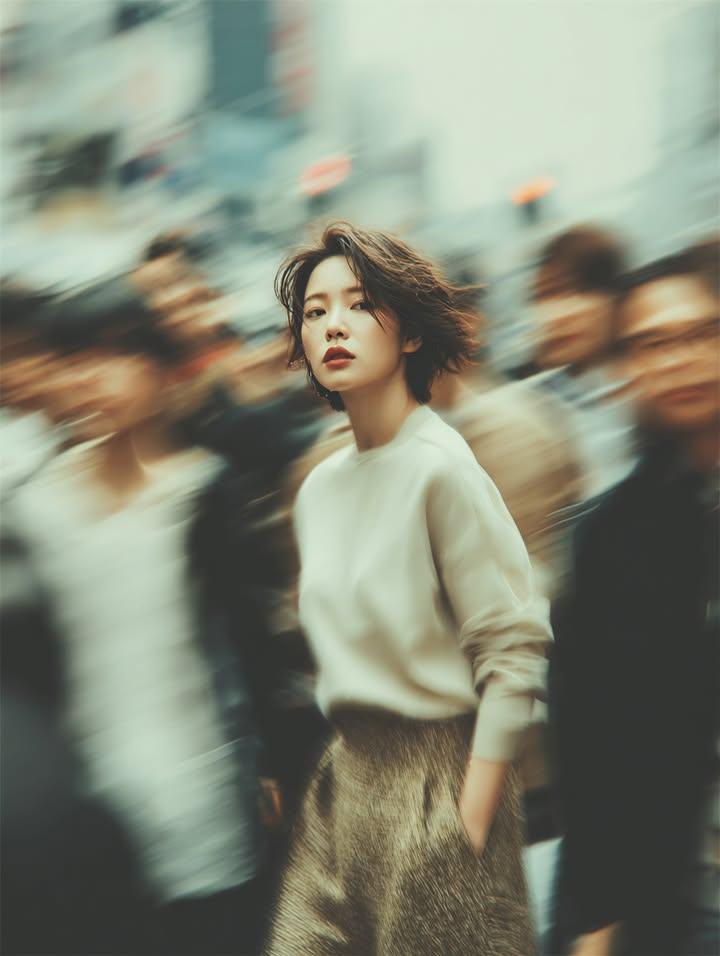 A cinematic street portrait of a young woman with short hair, calmly looking at the camera, surrounded by a motion-blurred urban crowd, in soft daylight.
