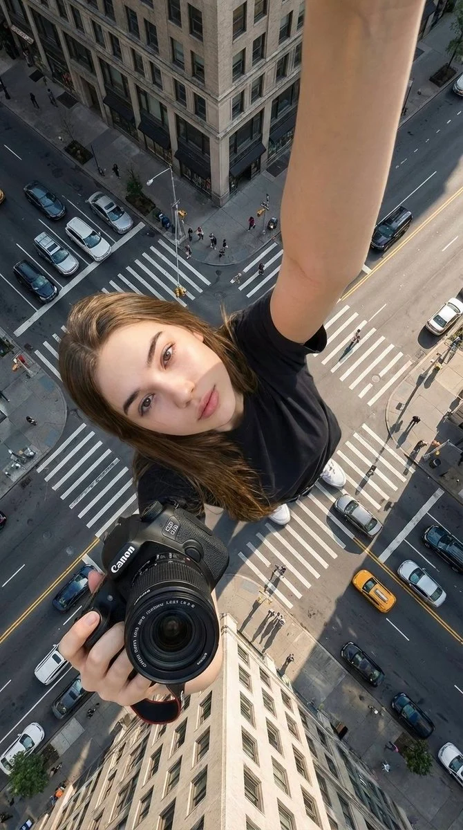 A giant woman taking a selfie in an urban intersection, holding a Canon camera, with small buildings and people around her, showcasing a cinematic selfie identity portrait.