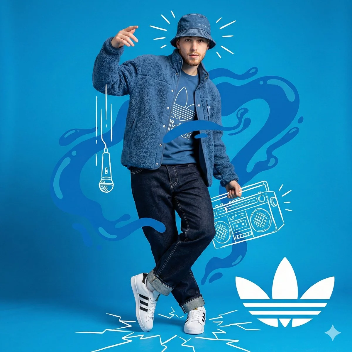 A young man in a blue streetwear outfit, including a bucket hat, fleece jacket, and jeans, striking a dynamic pose against a bright blue background with white hand-drawn doodles of a microphone, boombox, and Adidas logo, as well as abstract blue liquid shapes.