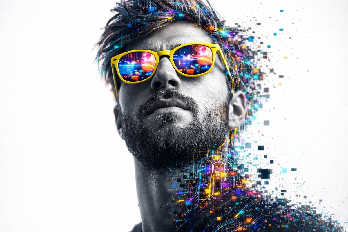 A hyper-realistic low-angle identity closeup portrait of a person with a grayscale face, wearing reflective yellow sunglasses, and a head made of glowing digital circuits dissolving into a white background.