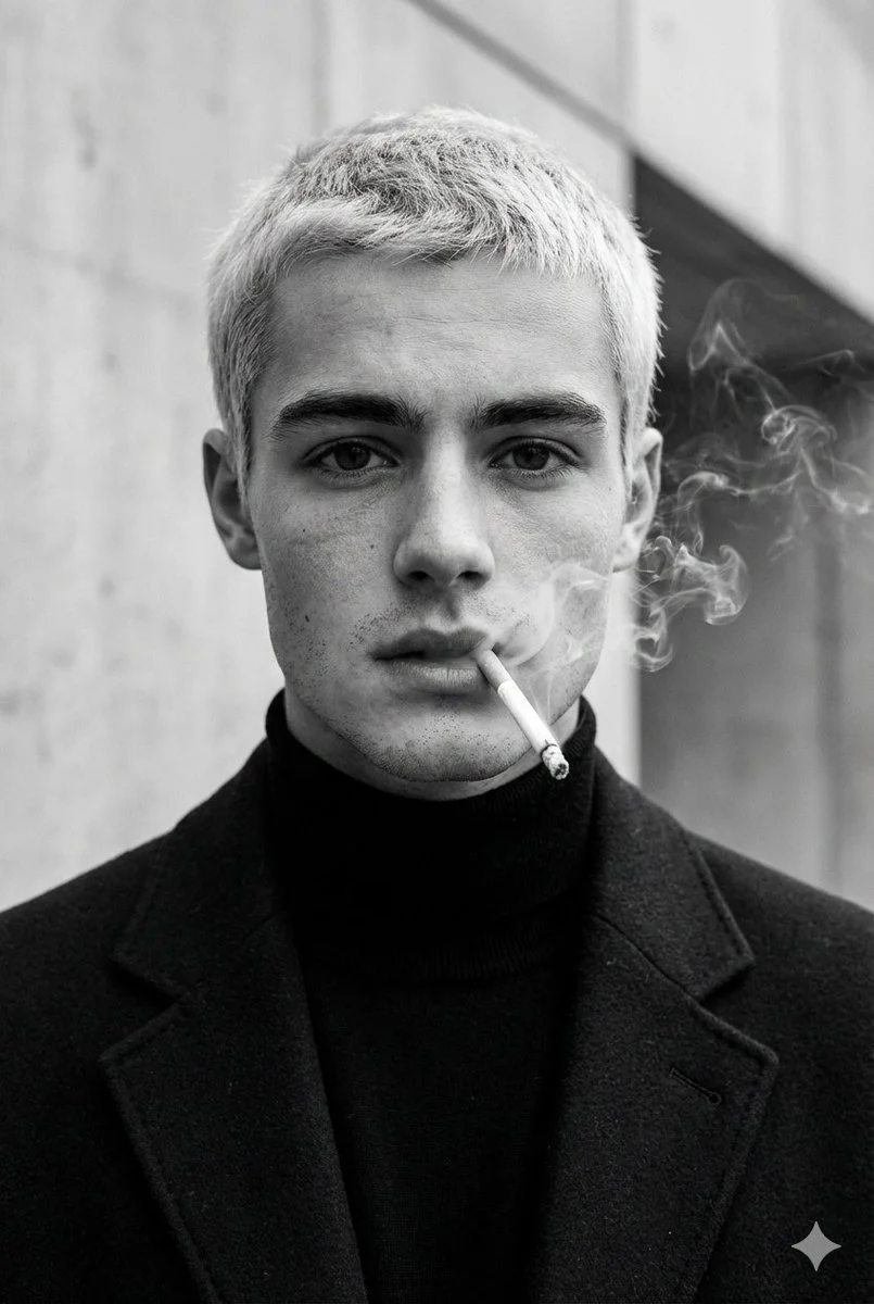 A highly detailed black and white fashion portrait of a man with short hair, wearing a dark coat and turtleneck, holding a cigarette with smoke curling around his face. The image features realistic skin texture, strong contrast, and a dramatic monochrome aesthetic.