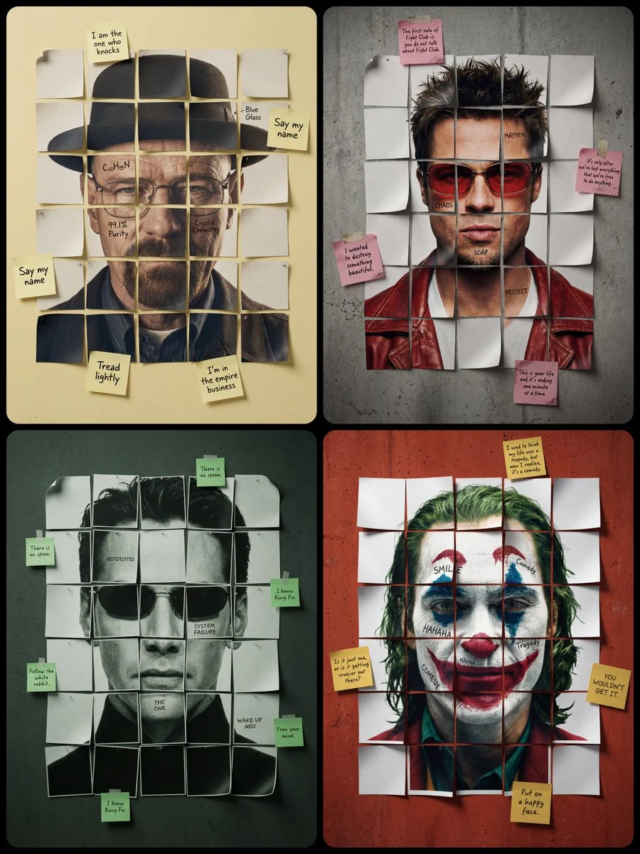 A striking AI-generated paper mosaic character portrait poster, featuring a stylized face composed of square paper fragments with subtle shadows and handwritten text, set against a concrete wall background.
