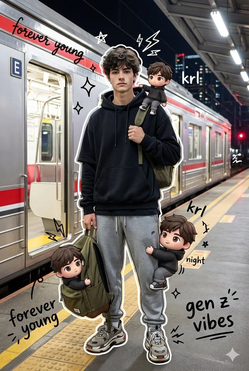 A vibrant mixed media portrait of a young man at a train station at night, surrounded by playful chibi versions of himself and artistic doodles.