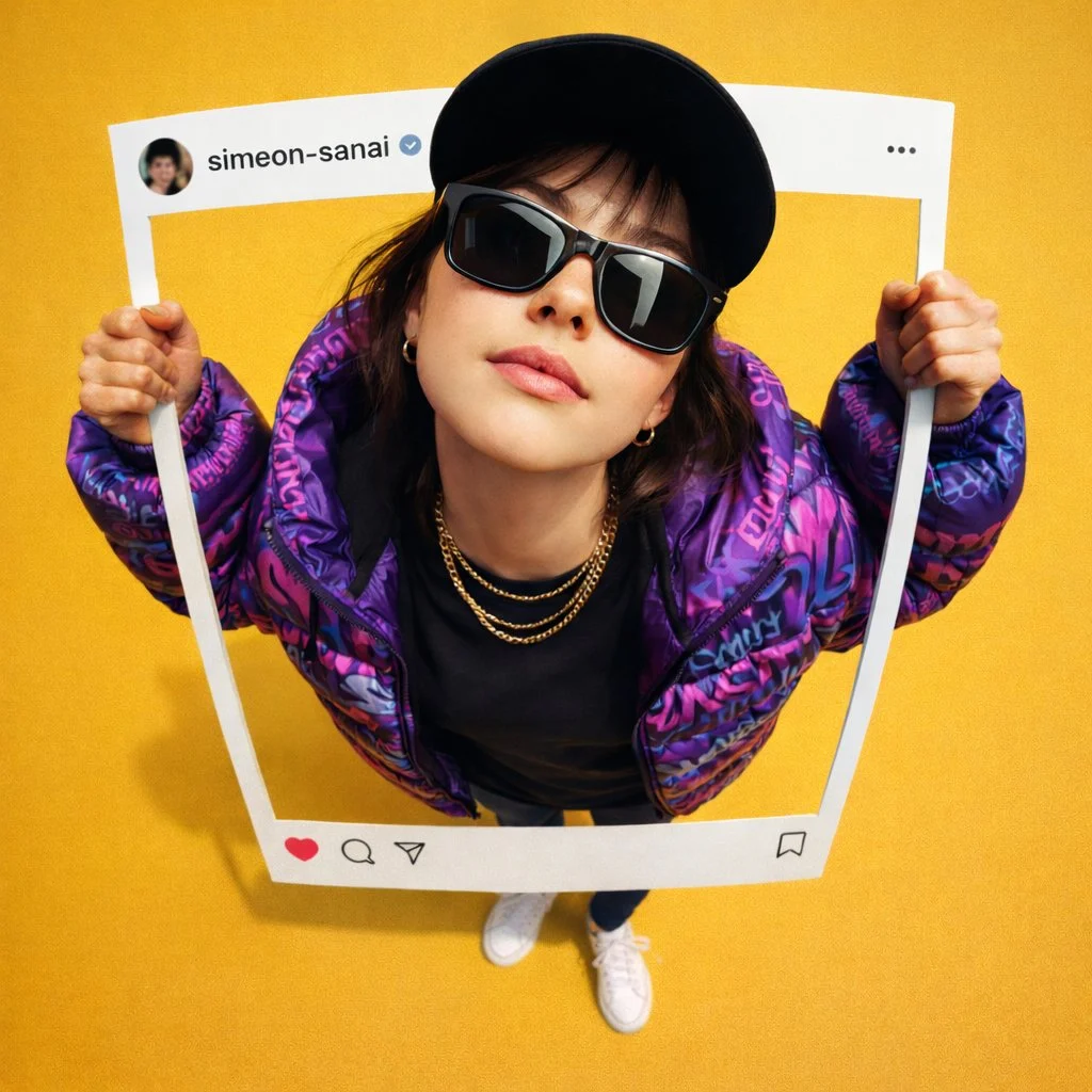 AI-generated ultra-realistic photo composite of a person breaking out of an Instagram post frame, captured with a fisheye lens effect and vibrant purple graffiti jacket.