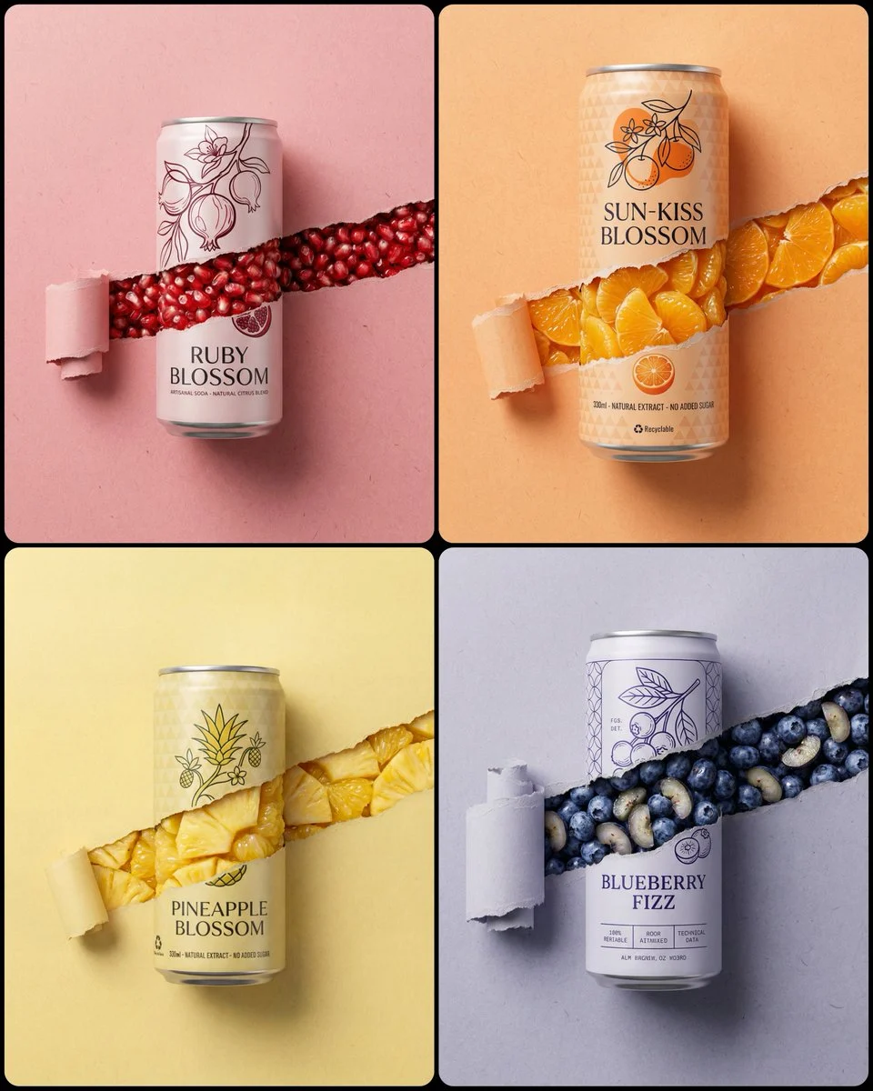 A photorealistic torn paper soda can ad featuring a vibrant citrus soda can, with a horizontal tear revealing glistening fruit segments inside. The background is a textured beige paper, and the torn paper on the left is rolled into a coil.