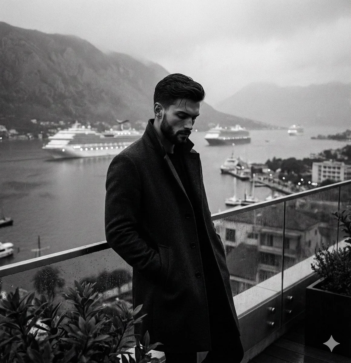 A man in a dark overcoat stands on a modern glass balcony, looking contemplatively at a foggy bay with illuminated cruise ships in this monochrome balcony man editorial portrait.