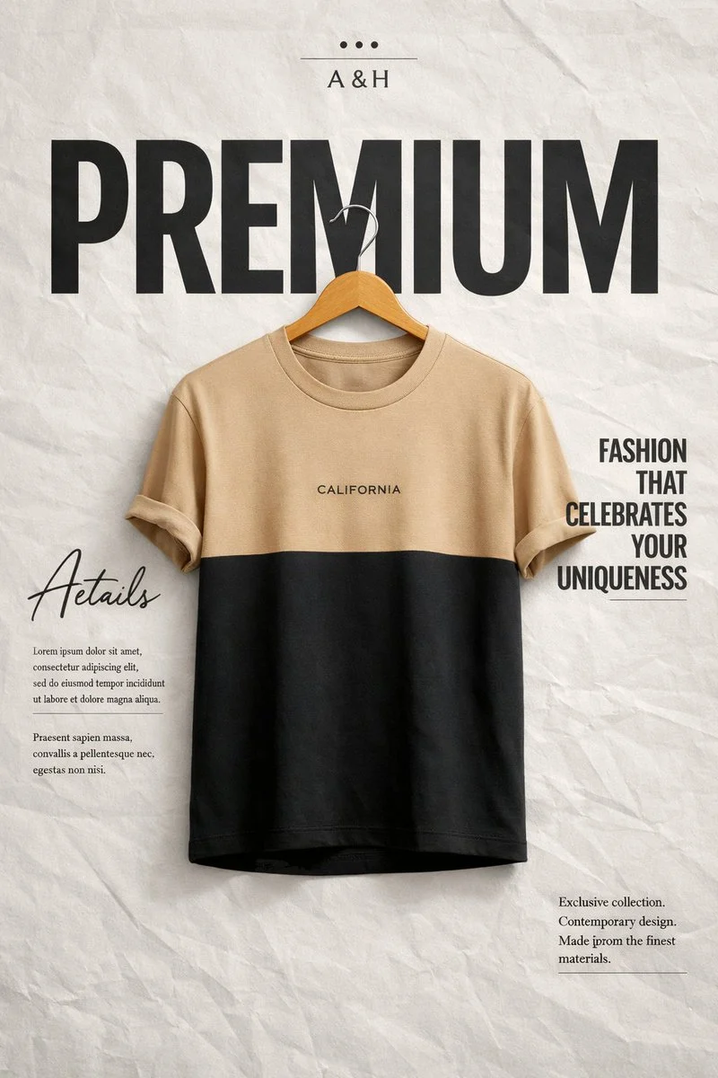 A high-end minimalist premium fashion ad poster featuring a two-tone t-shirt, 'PREMIUM' in large text, and editorial layout elements.