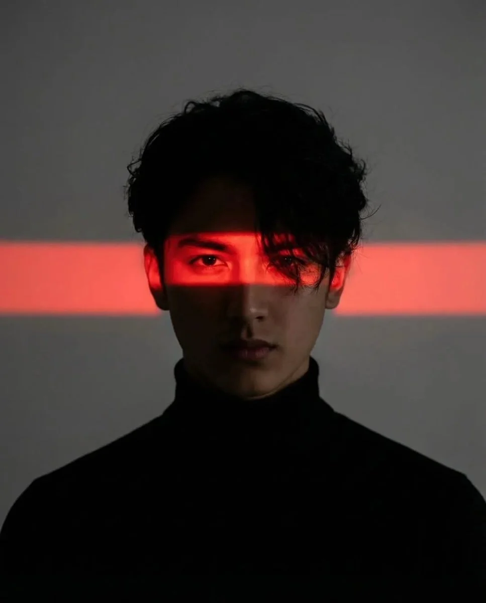 Cinematic studio portrait of a young man with messy textu...