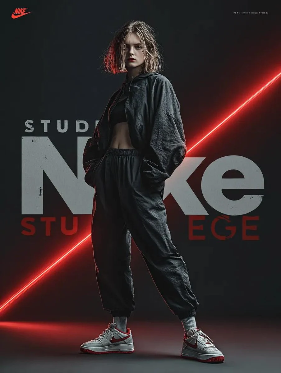 A dynamic AI-generated fashion advertisement for Nike, featuring a model in iridescent sportswear mid-twist jump, surrounded by light trails and a prism-shifting gradient background. Bold Nike and Lumina text are layered behind.
