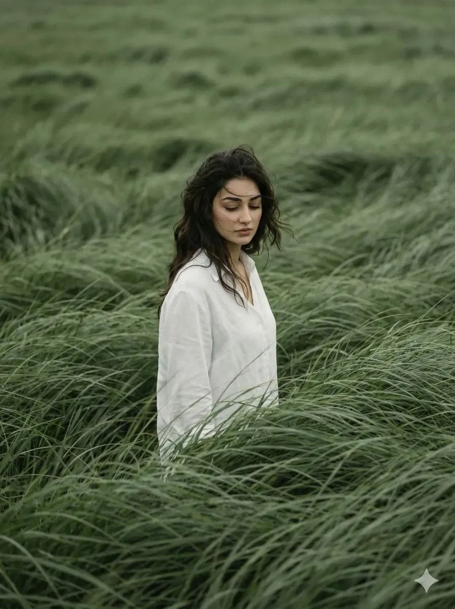 AI-generated cinematic grass field editorial portrait of a person with dark hair, wearing a white shirt, standing in tall, wind-swept green grass, with an introspective expression.