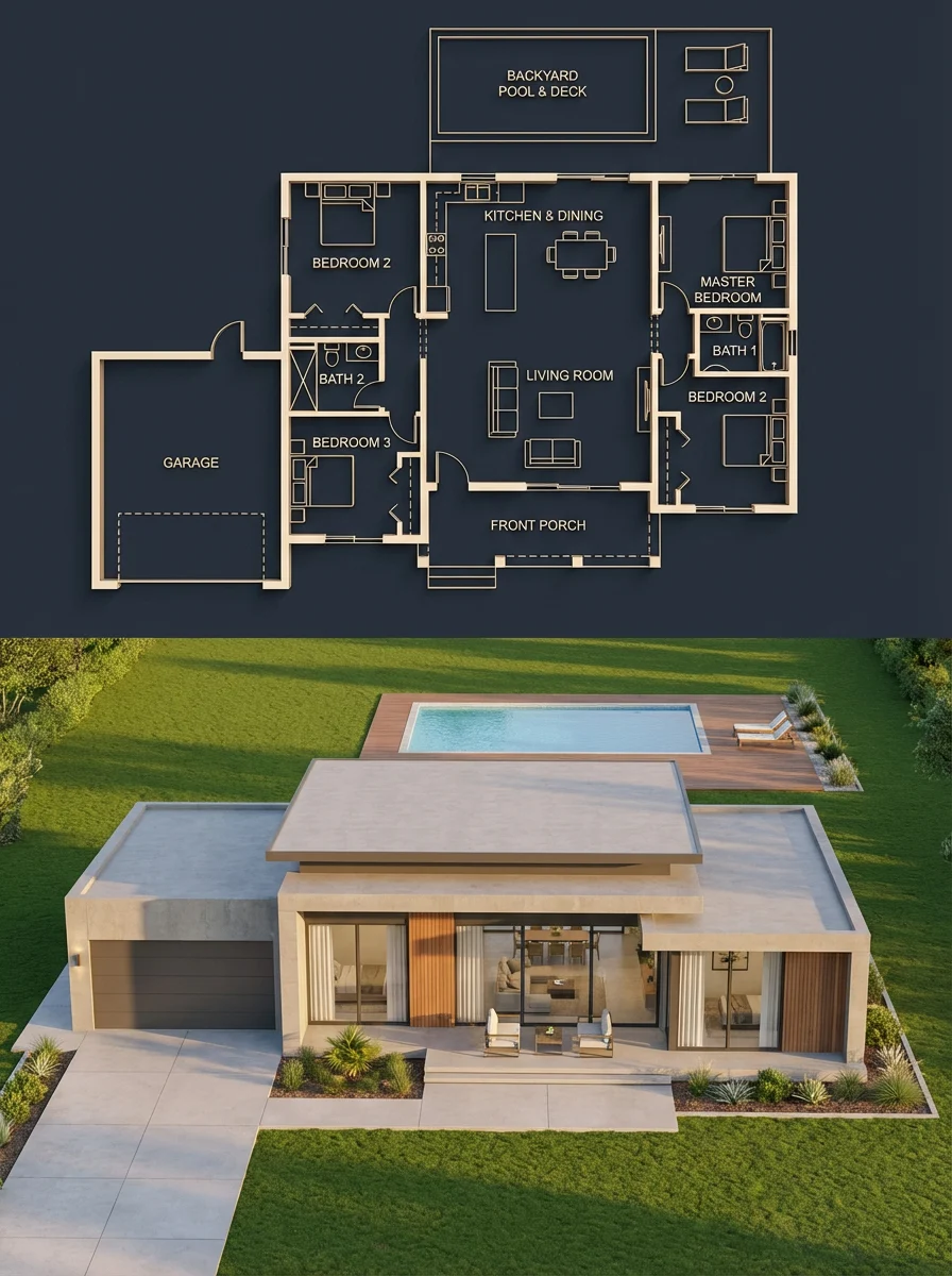 A striking split image showing a dark-themed architectural house blueprint on top and a perfectly matching photorealistic modern house render below, demonstrating precise house blueprint photorealistic visualization.