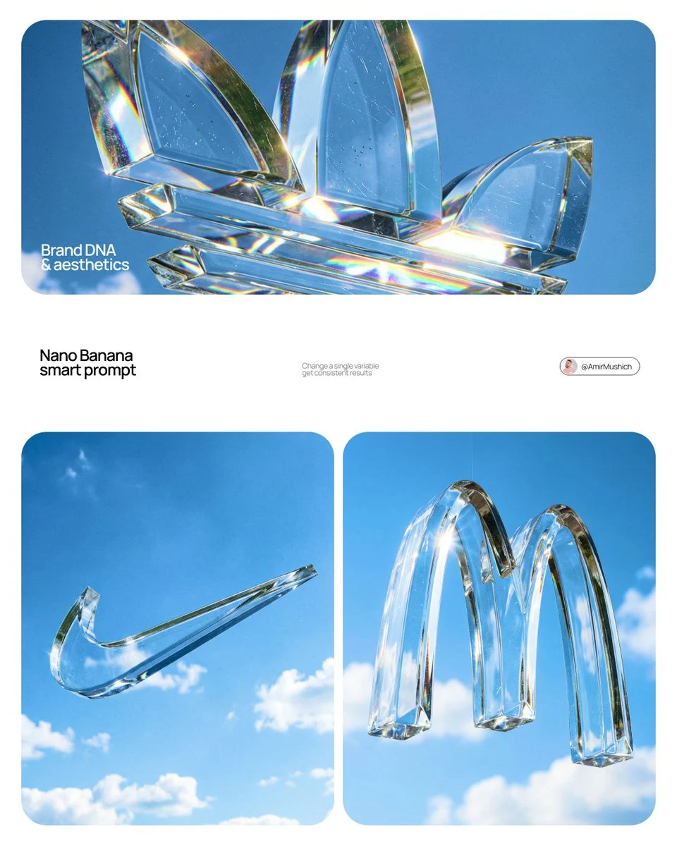 A massive, photorealistic crystal glass sculpture of a brand logo suspended against a bright blue sky with subtle clouds, showcasing intricate light refractions and caustics.
