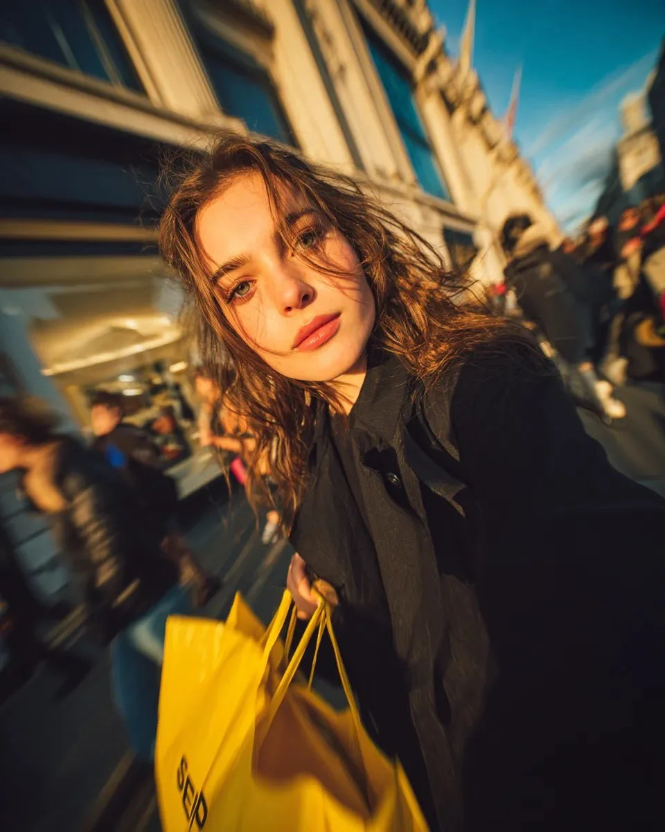A cinematic street portrait of a young woman walking through a busy shopping street at golden hour, holding bright yellow shopping bags, with warm sunlight and a blurred background.
