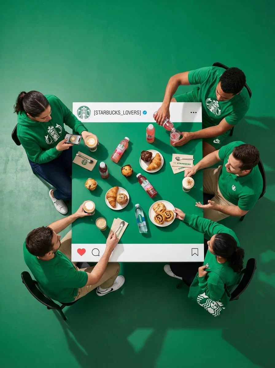 A hyper-realistic top-down view of four people seated at a square dining table, designed like an Instagram post, with significant negative space around them. Food and drinks are neatly contained within the table's colored center.