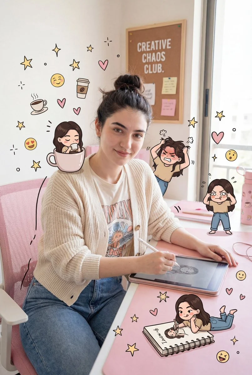 AI-generated realistic smiling woman character portrait in a pink office, surrounded by chibi versions of herself, doodles, and emojis, showcasing creativity.