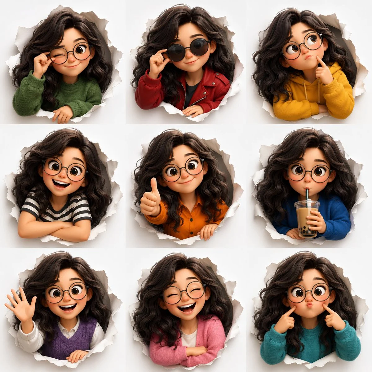 A 3x3 grid showing a cute 3D Pixar-style avatar with dark wavy hair and round glasses, displaying nine different expressions and outfits through torn paper circles.
