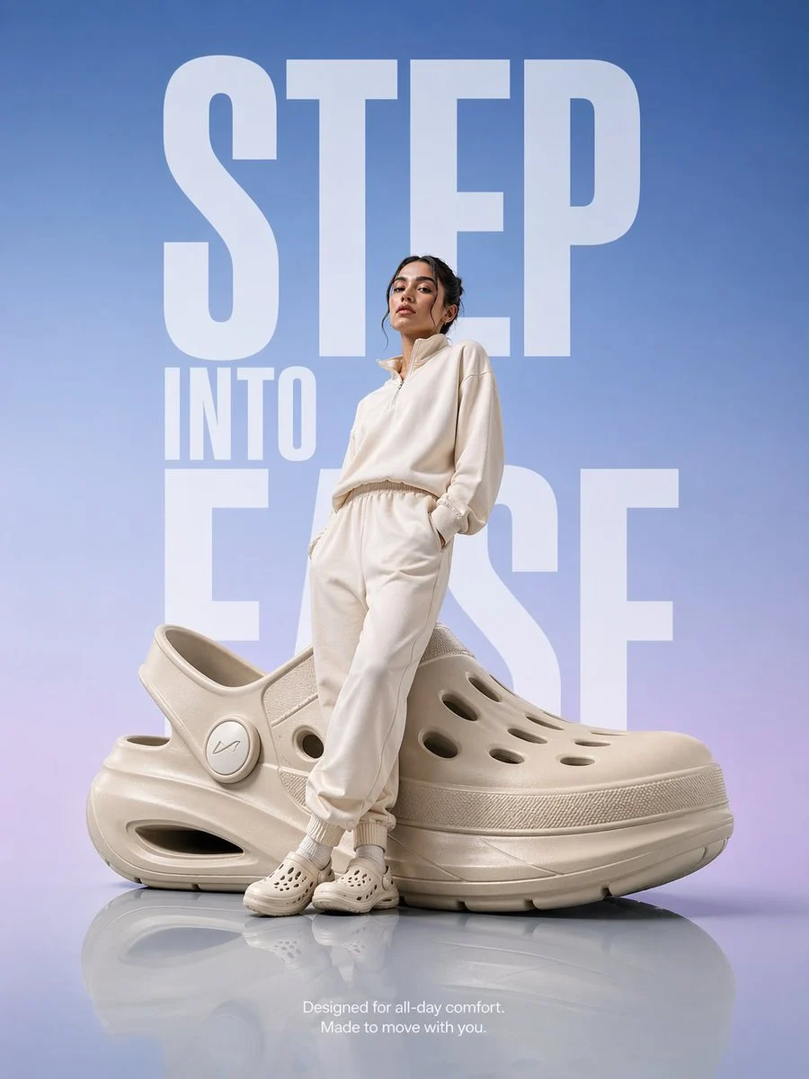 A hyper-realistic premium product advertisement featuring an oversized futuristic comfort clog, with a model in athleisure leaning against it, on a reflective floor with 'STEP INTO EASE' typography in the background.