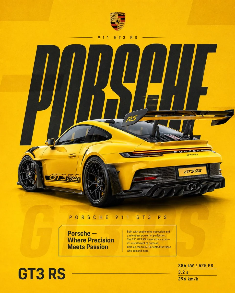 A vibrant yellow Porsche 911 GT3 RS racing car featured prominently on a social poster with bold typography and performance specs, ready for product advertising.
