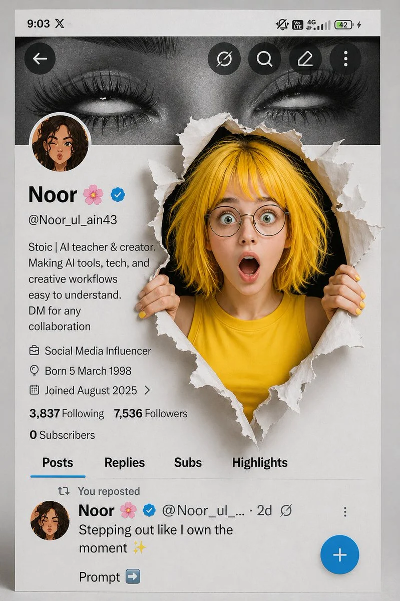 A surprised young woman with yellow hair and glasses breaking through a torn social media profile interface, revealing a dark background.