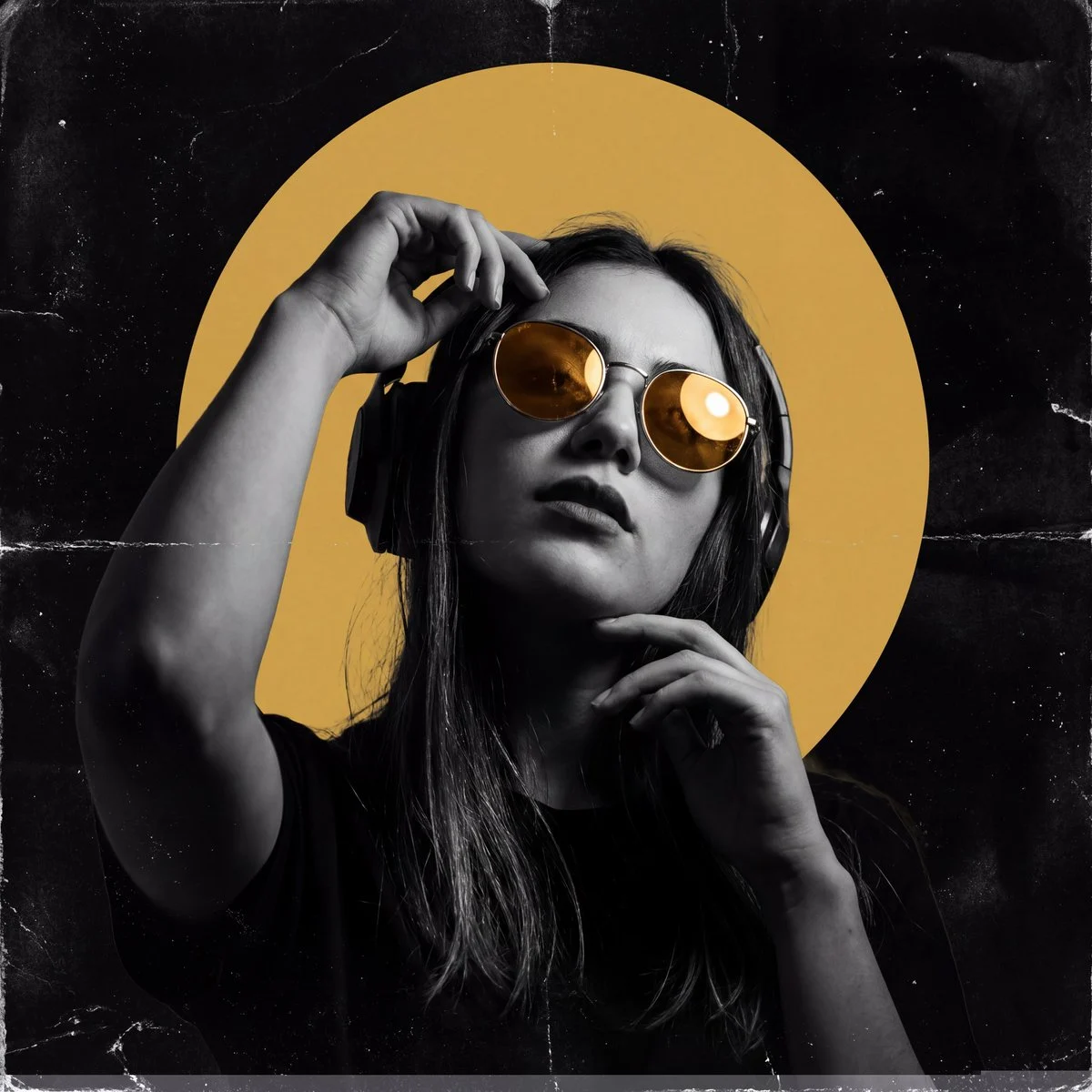 A high-contrast, monochrome AI-generated underground club music poster featuring a woman with amber-gold reflective sunglasses and headphones, a golden circle behind her head, and a grunge texture background.