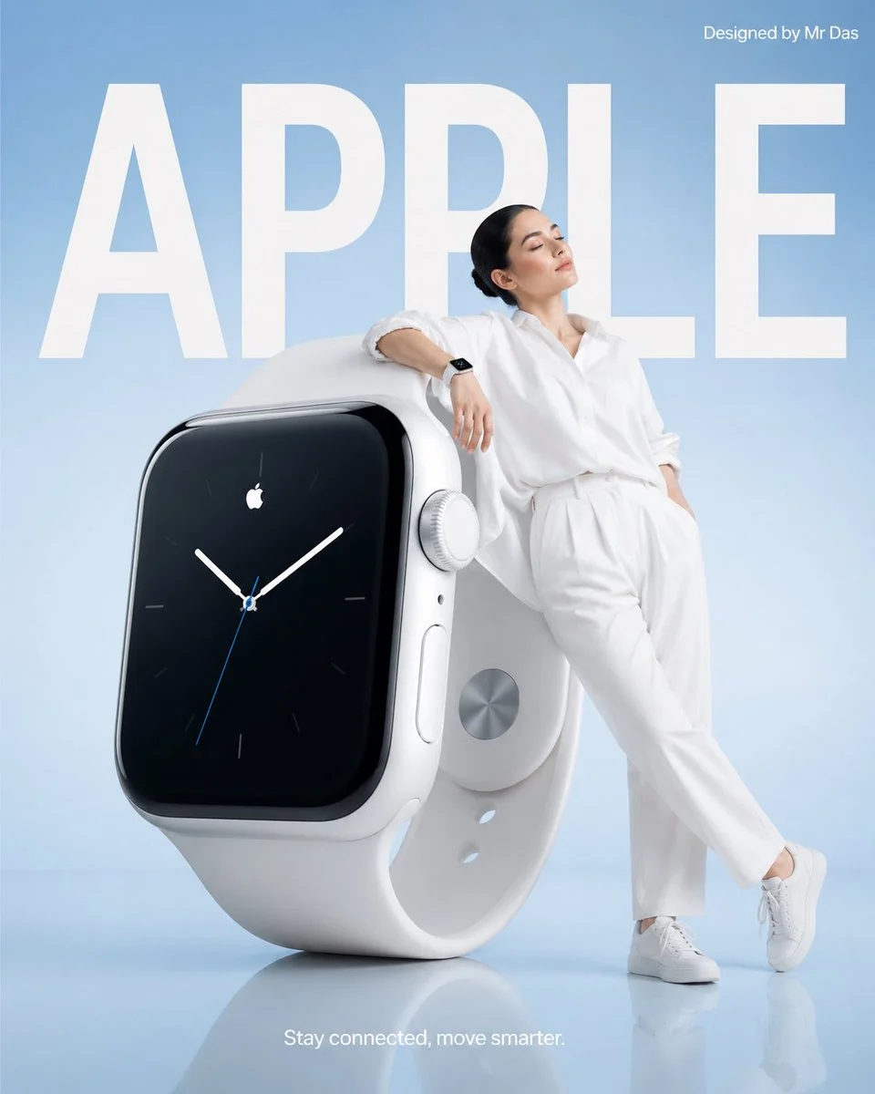 A young woman in a white outfit casually leans against a giant white smartwatch, with a soft blue gradient background and 'APPLE' text. She also wears a smartwatch on her wrist.