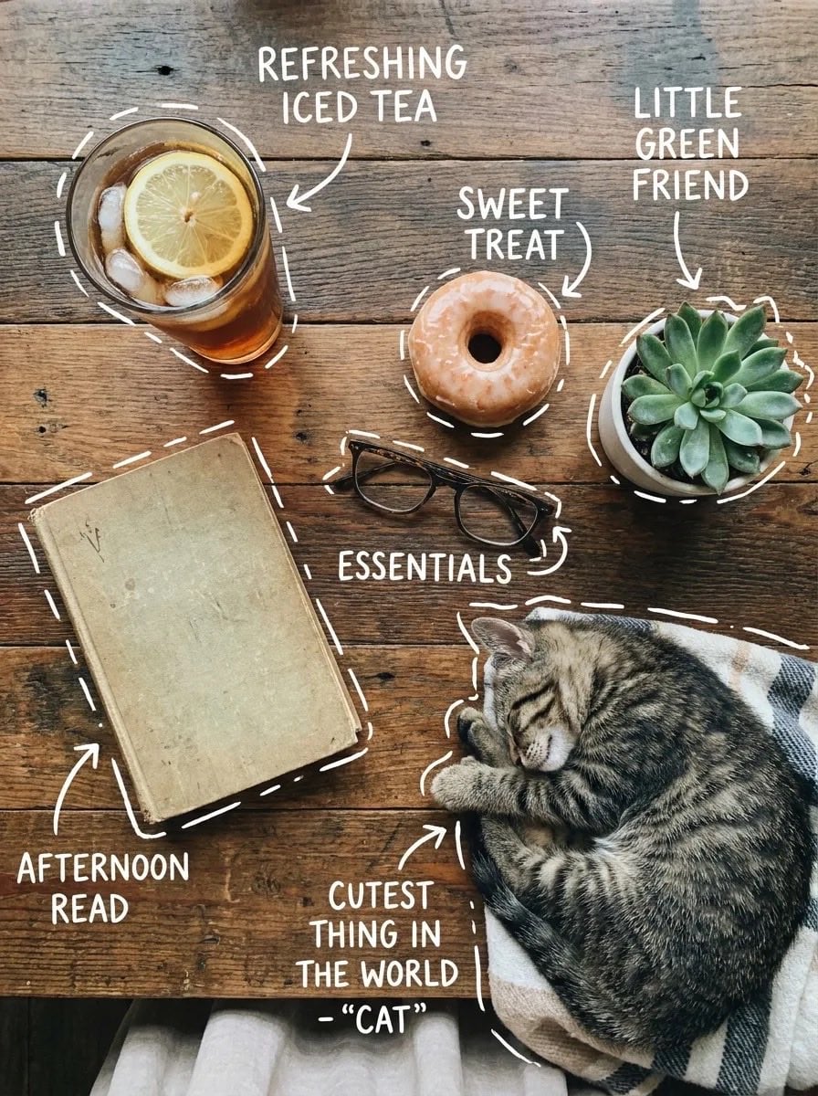 Top-down view of a rustic wooden table featuring a cozy flat lay doodle collage with iced tea, donut, succulent, book, eyeglasses, and a sleeping tabby cat, all outlined with playful hand-drawn doodles and labels.