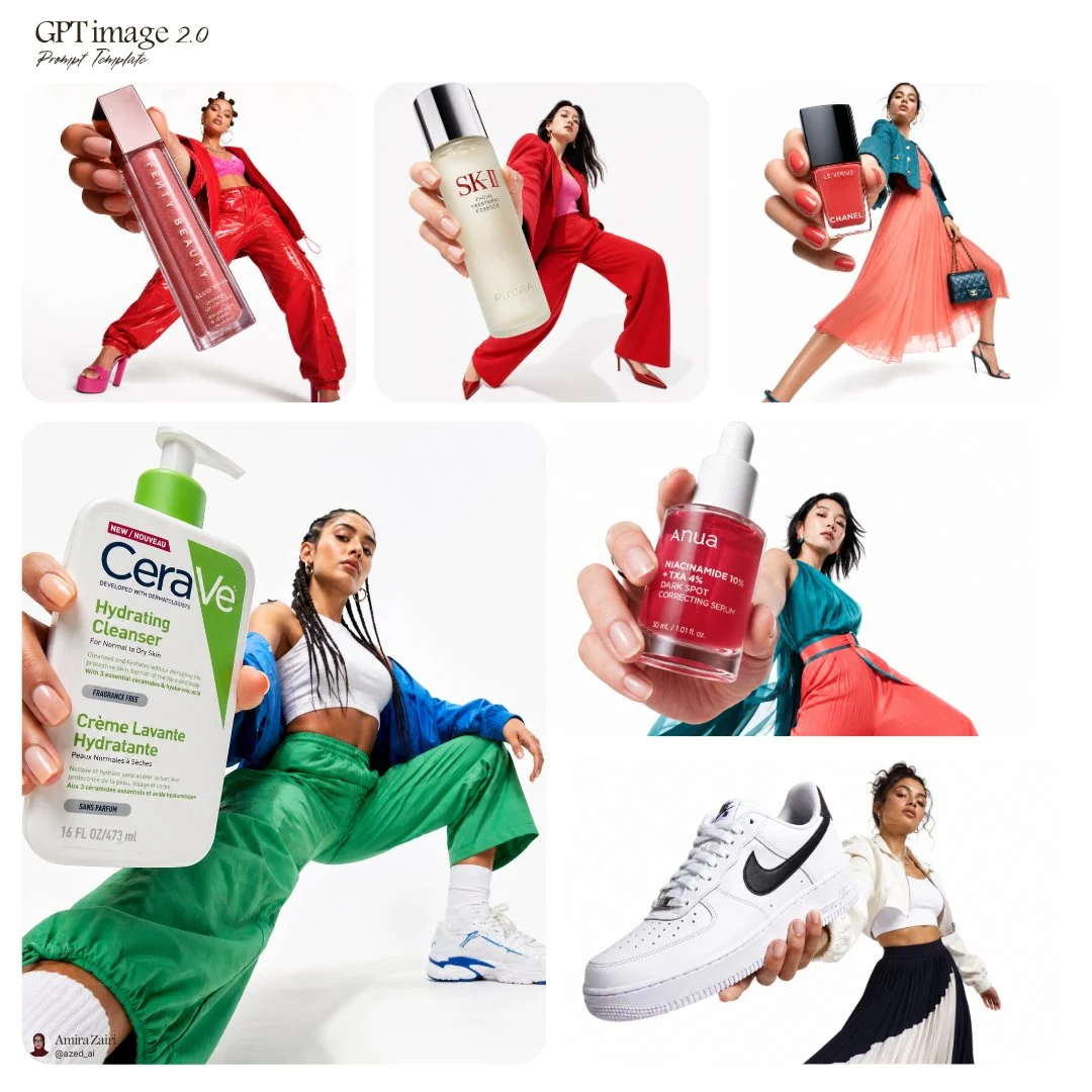 AI-generated low-angle fashion campaign photograph featuring a confident model holding a large product close to the camera, creating a forced perspective effect, against a clean white studio background with high-key lighting.