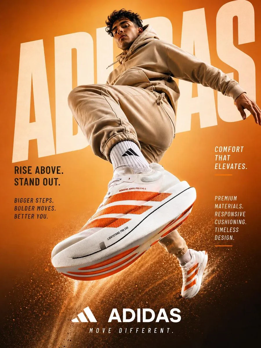 Dynamic low-angle sportswear sneaker ad showing an athletic male model mid-jump, highlighting white running shoes with orange accents against an orange gradient background.
