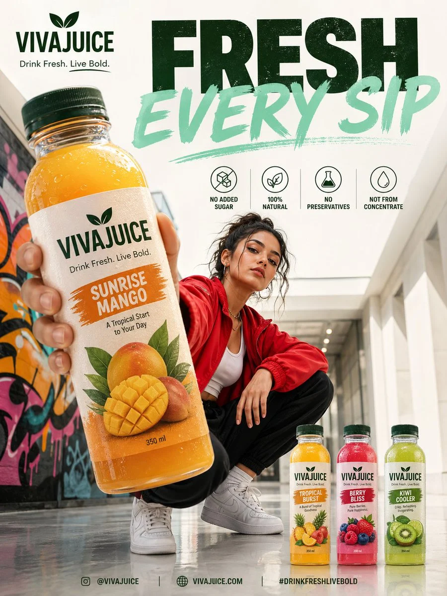 A vibrant urban beverage ad poster featuring a stylish model with a large juice bottle in the foreground, set against a graffiti and minimalist architectural background.