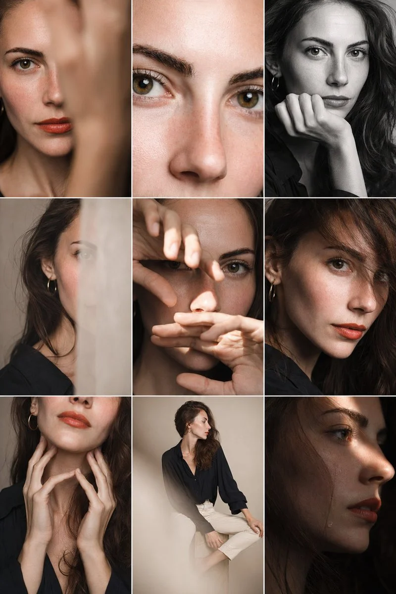 A 3x3 grid of nine diverse black and white and color minimalist fashion portraits, showcasing various close-ups and poses of a subject in simple attire against a soft background.