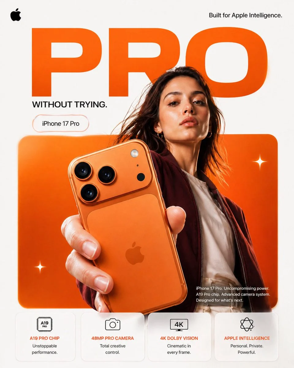 A striking minimalist smartphone campaign poster featuring a female model holding an iPhone 17 Pro against a burnt orange and white background with 'PRO' typography.