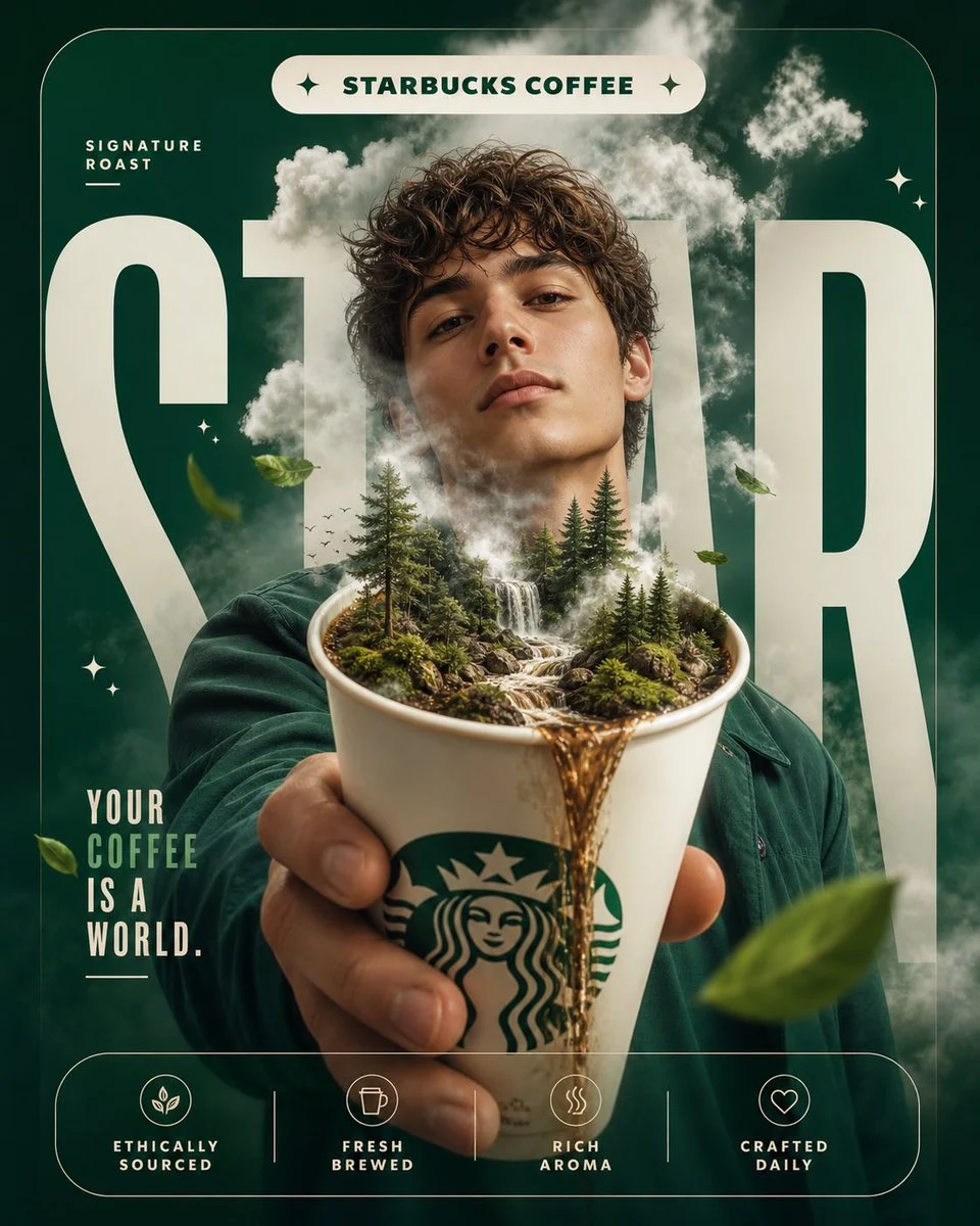 A digitally generated surreal Starbucks coffee ad poster featuring a young adult holding a Starbucks cup, from which a miniature forest ecosystem with a tiny waterfall of coffee and rising mist emerges, set against a deep green background with large 'STAR' typography and brand messaging.