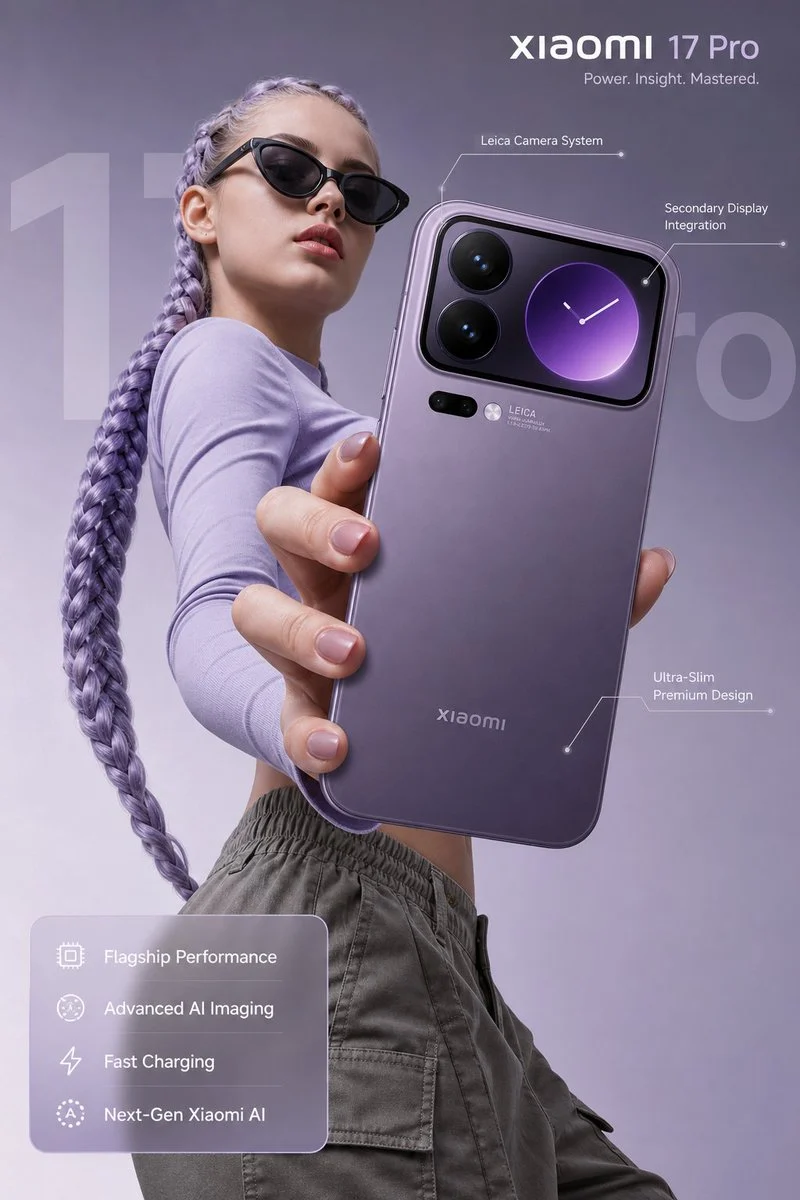 AI-generated image of a confident woman holding a luxury smartphone, styled as a high-end product advertisement with futuristic UI overlays.