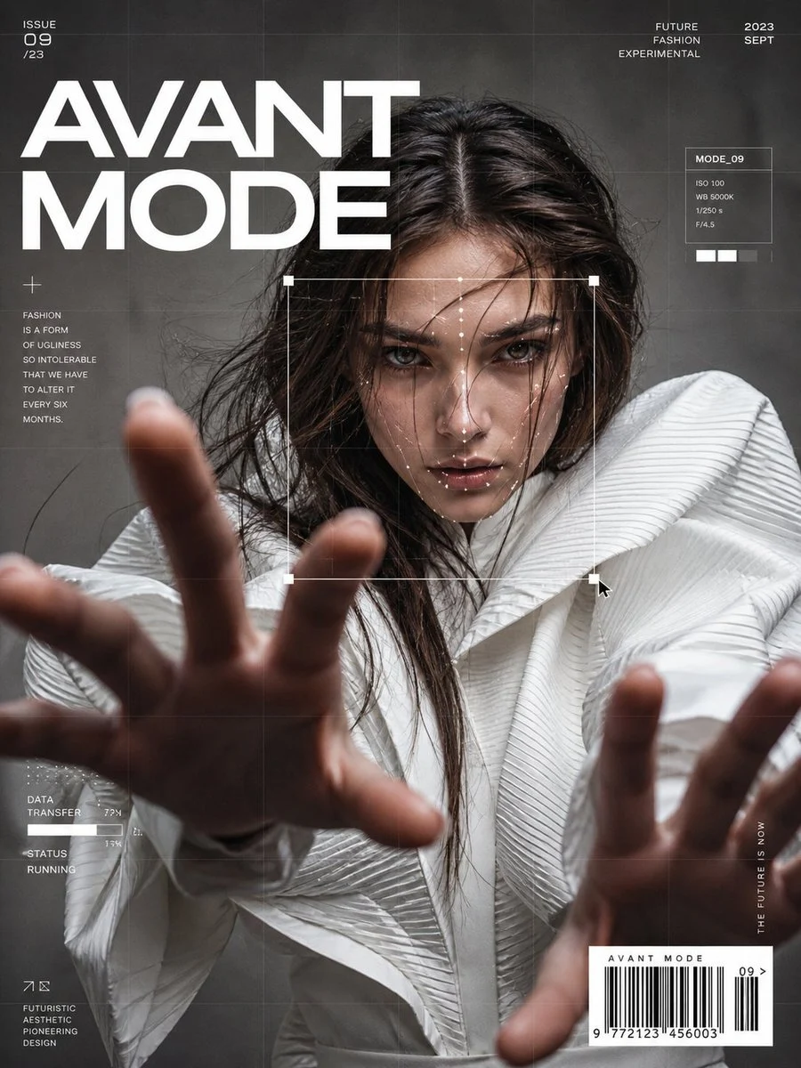 An AI-generated ultra-realistic fashion editorial portrait of a woman in avant-garde white couture, featuring dramatic structured shoulders and a bold magazine overlay.
