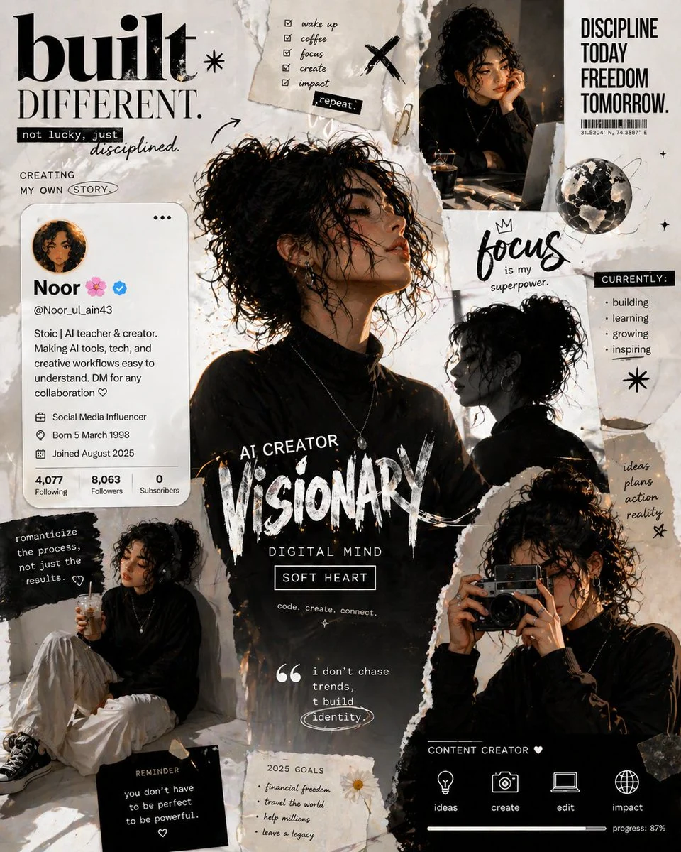 A stylish, monochrome motivational fashion collage moodboard featuring a woman in various poses, bold typography, torn paper textures, and inspirational quotes.