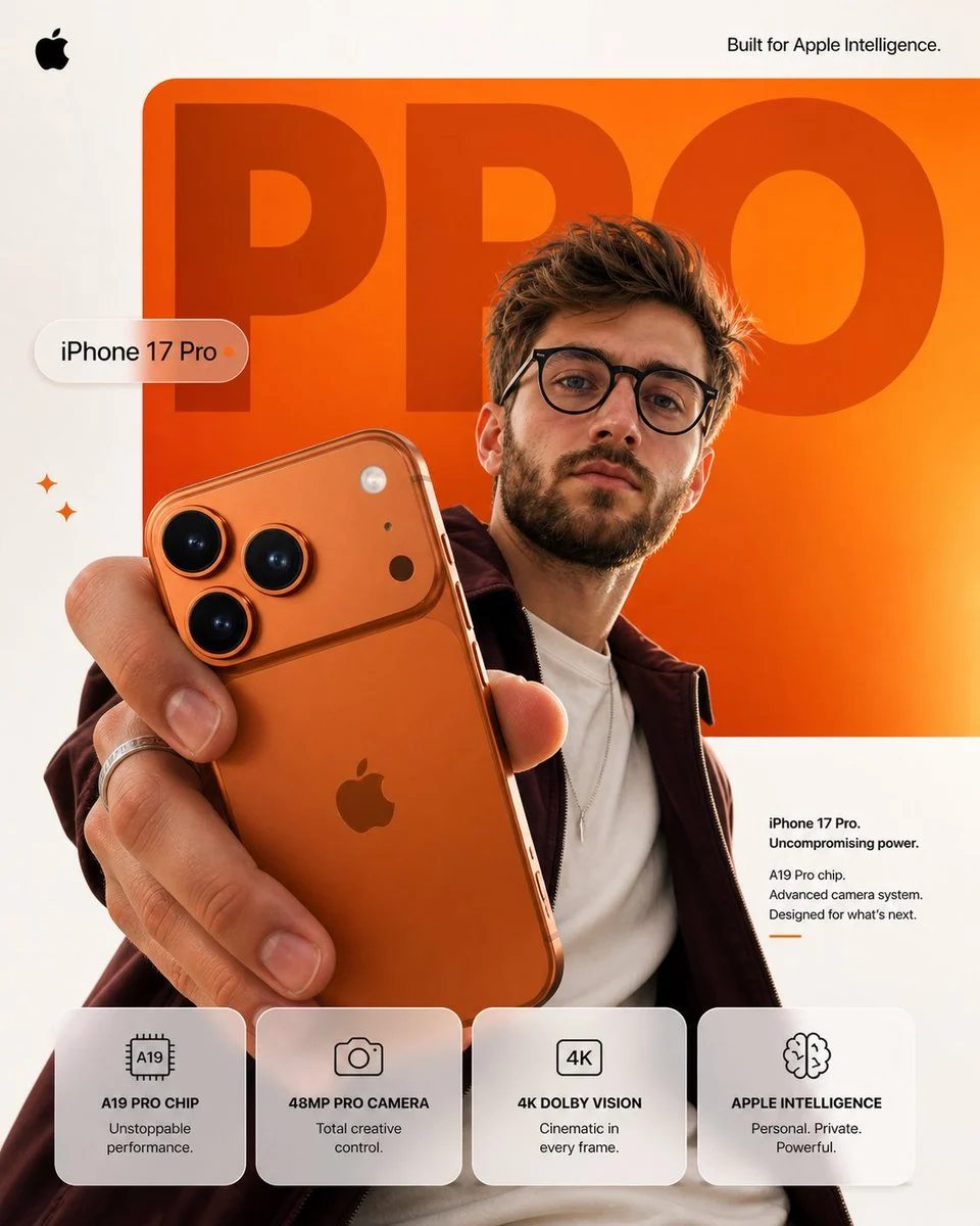 AI-generated image of a young man holding an orange iPhone 17 Pro against a soft orange gradient background, resembling an Apple-style smartphone ad poster.