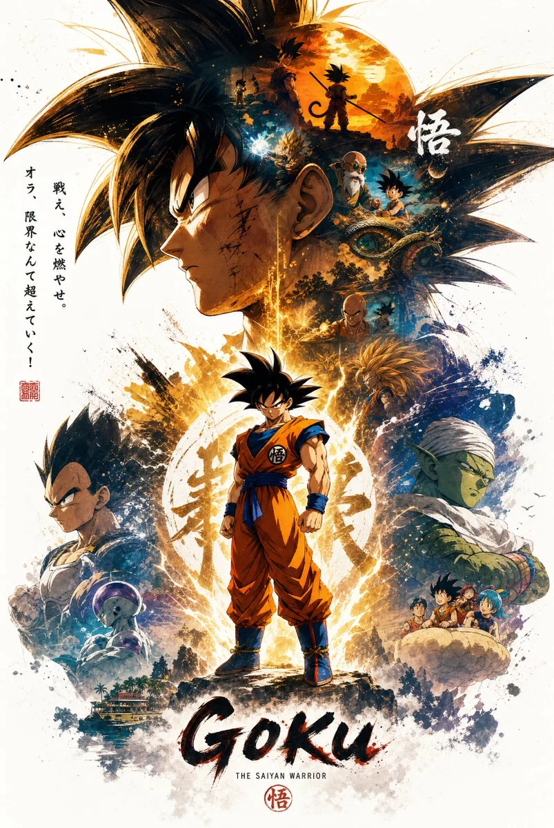 AI-generated Blanka propaganda character poster featuring a large, stylized Blanka head at the top and a full-body Blanka below, surrounded by layered scenes and ink effects against negative space.