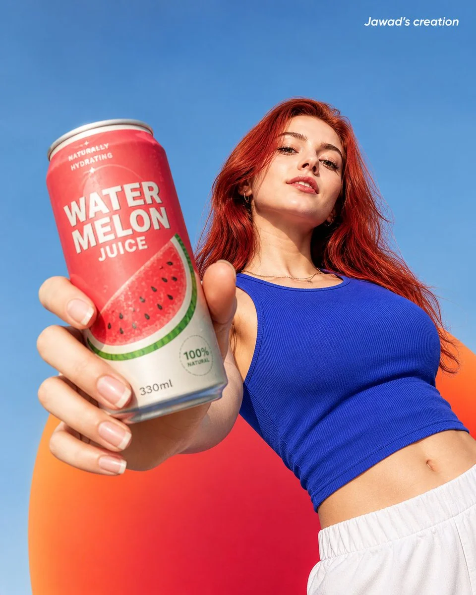 AI-generated image of a young woman holding a large, forced perspective watermelon juice can against a vibrant blue, orange, and red gradient background, showcasing a refreshing summer drink ad.