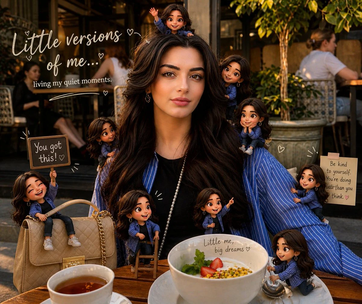 AI-generated image showing a person with several tiny, adorable 3D chibi versions of themselves interacting with the original photo, featuring realistic shadows and soft handwritten text.