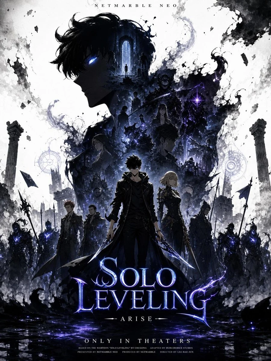 AI-generated promotional poster of a Solo Leveling character, featuring a shadowed face silhouette and glowing eyes, with a dynamic vertical composition.