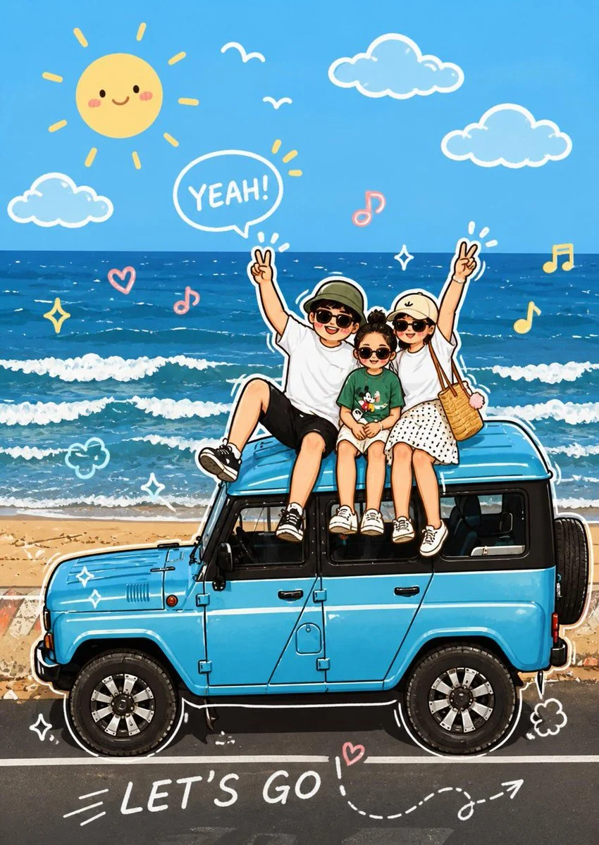 AI-generated cartoon illustration of a subject with playful, hand-drawn interactive doodle photo overlay elements enhancing their pose and movements.