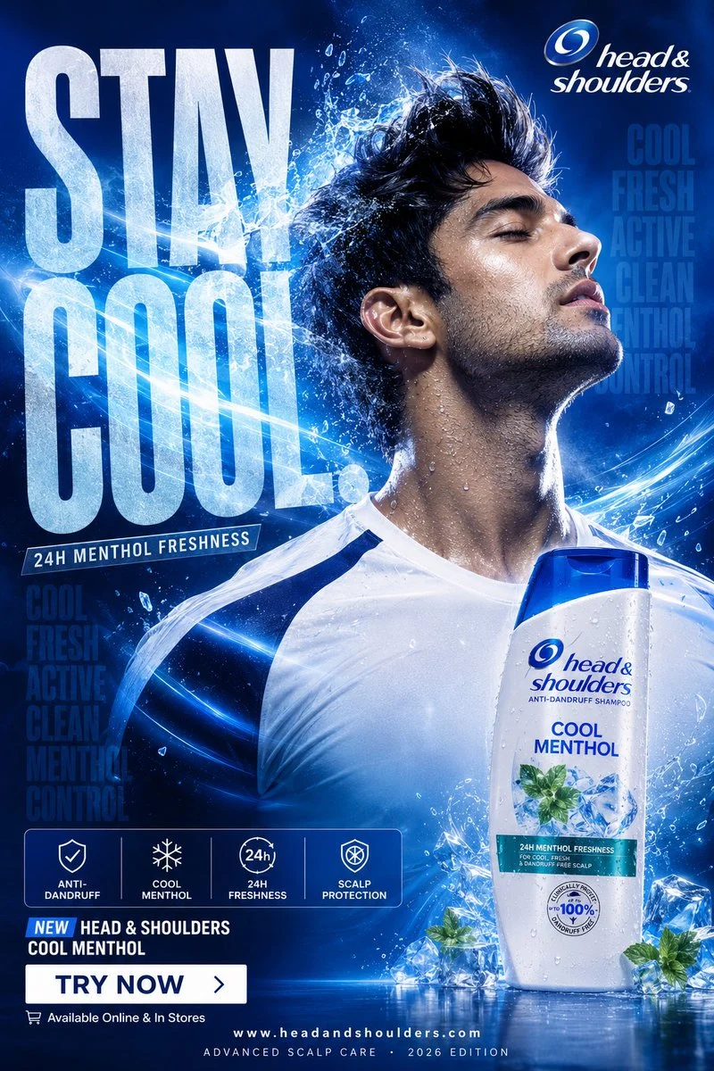 A modern, hyper-commercial anti-dandruff shampoo campaign poster featuring an athletic male model with cool menthol product and bold typography.