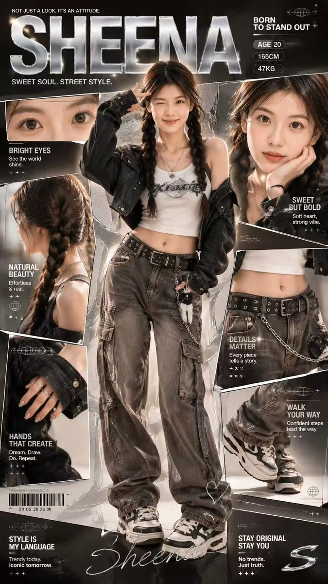 AI-generated character profile poster of Sheena, a trendy girl with a sweet wink, confident pose, streetwear, layered accessories, and chunky sneakers, set against a Y2K fashion collage background with chrome typography.