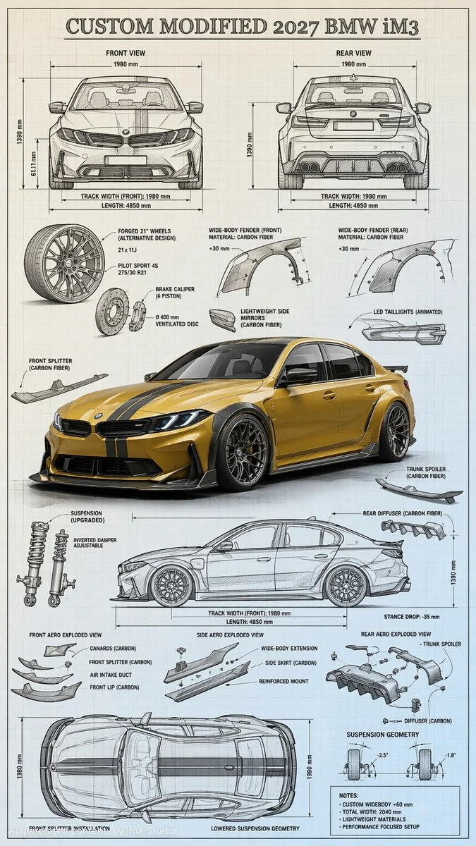 A highly detailed AI-generated BMW iM3 concept car blueprint poster, showing a fusion of a realistic 3D render with technical drafting elements and exploded views on a light blue background.