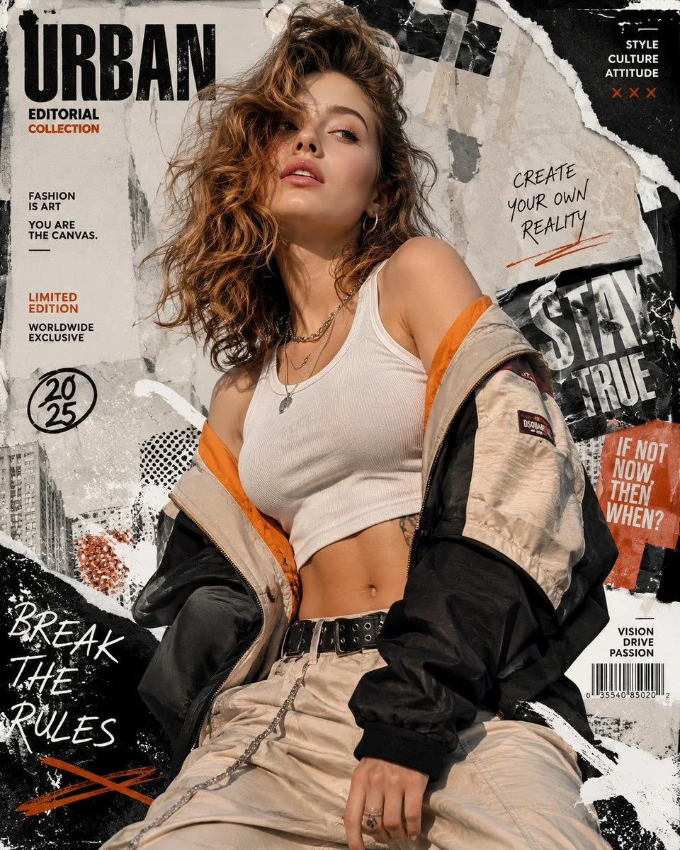 A striking AI-generated portrait poster in an urban fashion editorial collage style, featuring a model with dynamic posing and layered graphic elements.