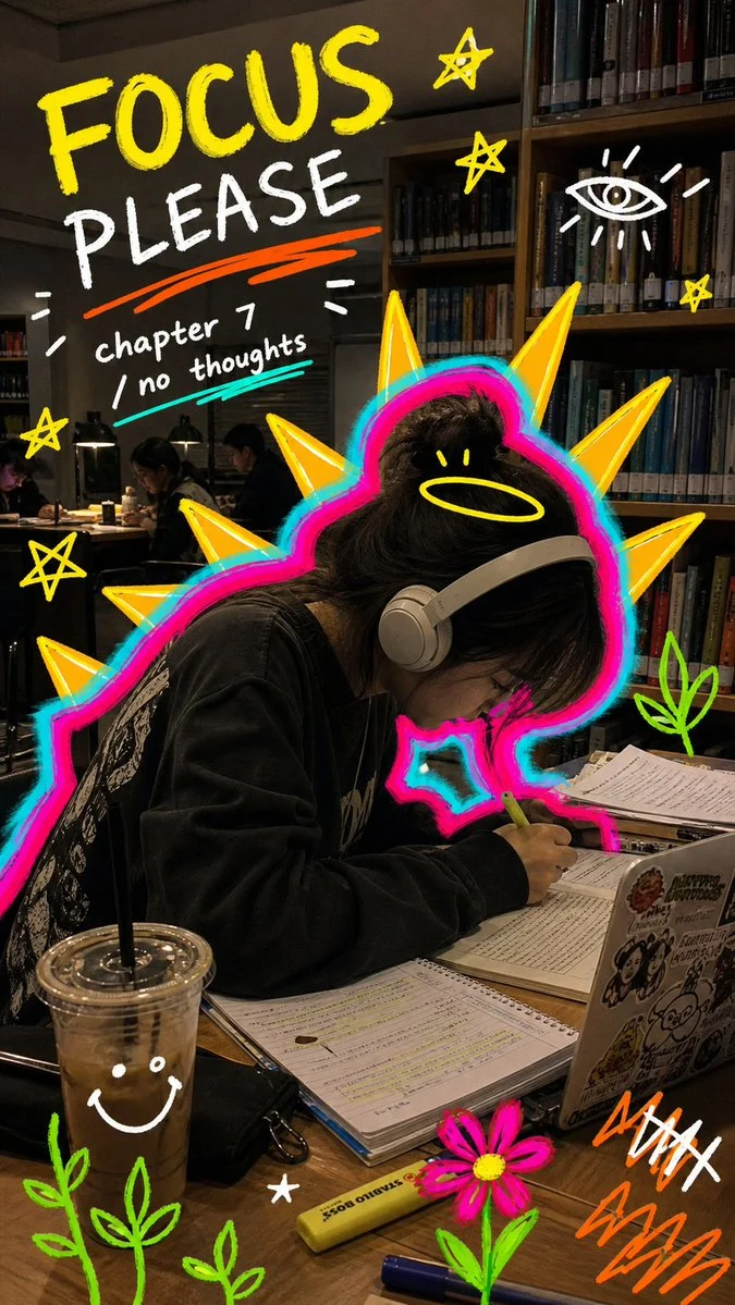 AI-generated image showing a candid phone photo base layer with vibrant neon doodles, handwritten text, and abstract shapes overlaid, embodying the neon doodle gallery snapshot aesthetic.