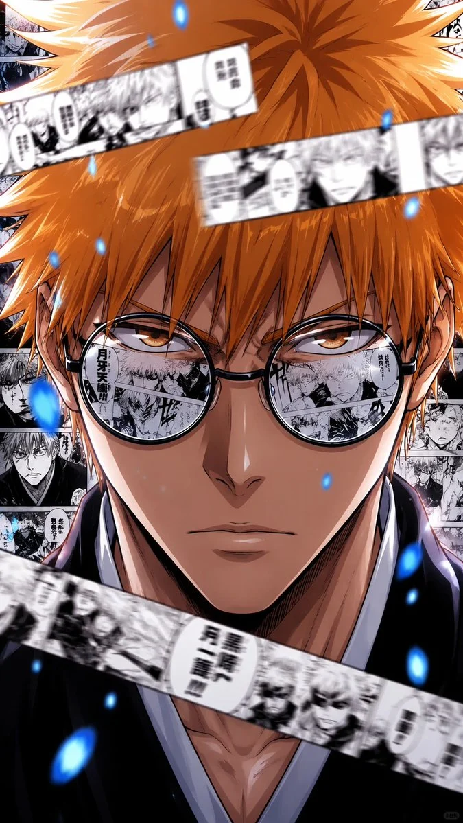 A dynamic Bleach style anime character poster featuring a fierce shonen character with orange spiky hair, reflective glasses, and a background of manga panels, exuding intense shonen energy.