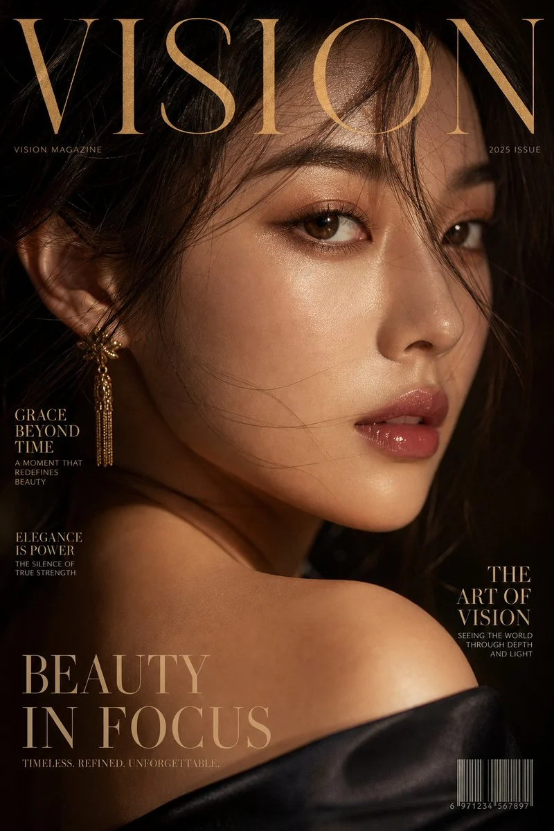 AI-generated extreme close-up portrait of an elegant Asian woman with a captivating gaze, resembling a luxury magazine cover, with golden rim lighting and a dark background.